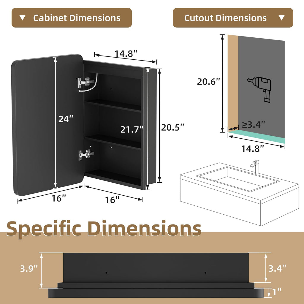 16x24 LED Medicine Cabinet with Mirror, Lighted Mirror Cabinet with Dimmable 3-Color Lights, Anti-Fog with HD