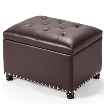 Bonded Leather Square Tufted Storage Footstool, 18" ottoman, Dark Brown