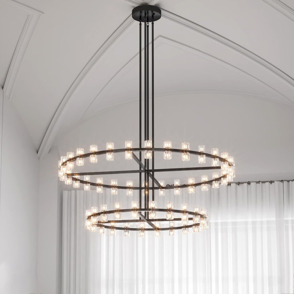 Inspired Arcachon Style 2-Tier Round Wagon Wheel Chandelier, 48" + 59" 108-Light Black — Foyer, Great Room & Dining