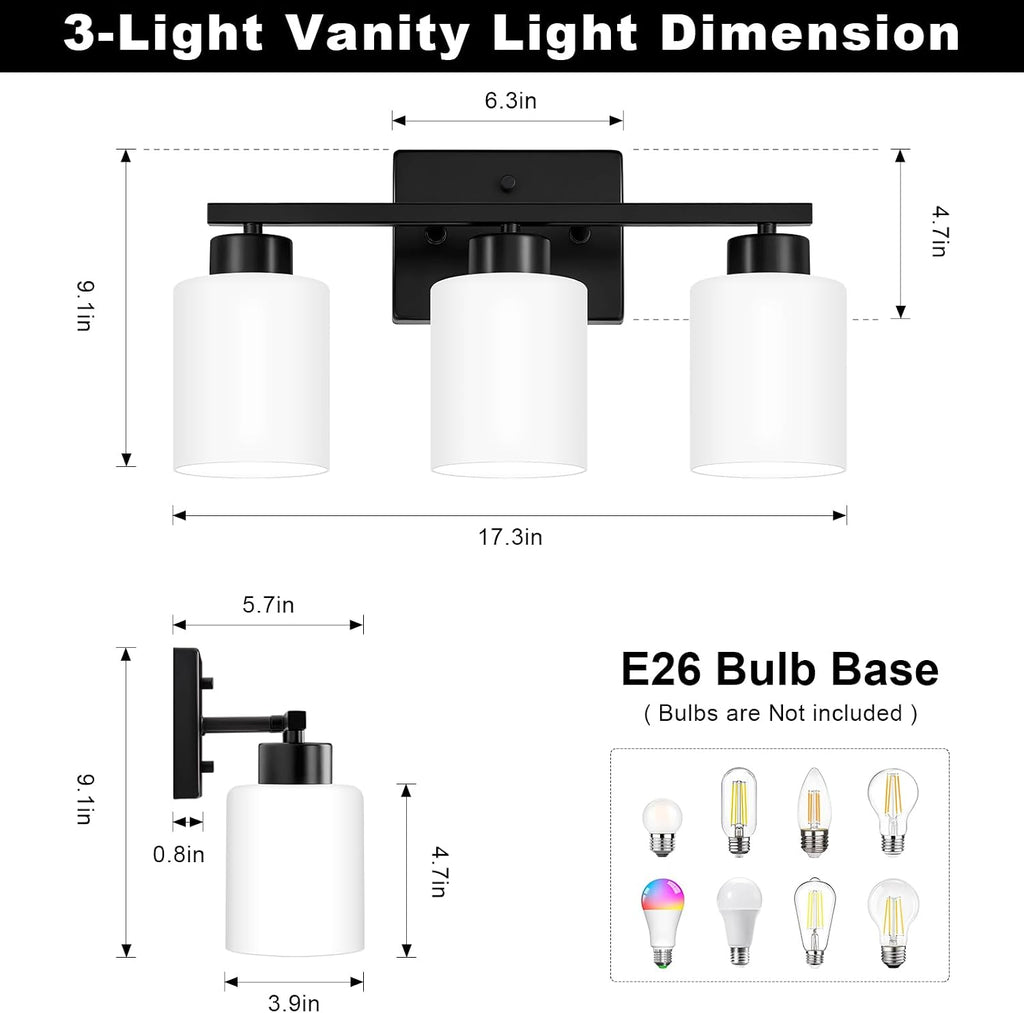 Black Bathroom Light Fixtures Vanity Lights Over Mirror | Modern 3-Light lighting fixtures with Milky White Frosted