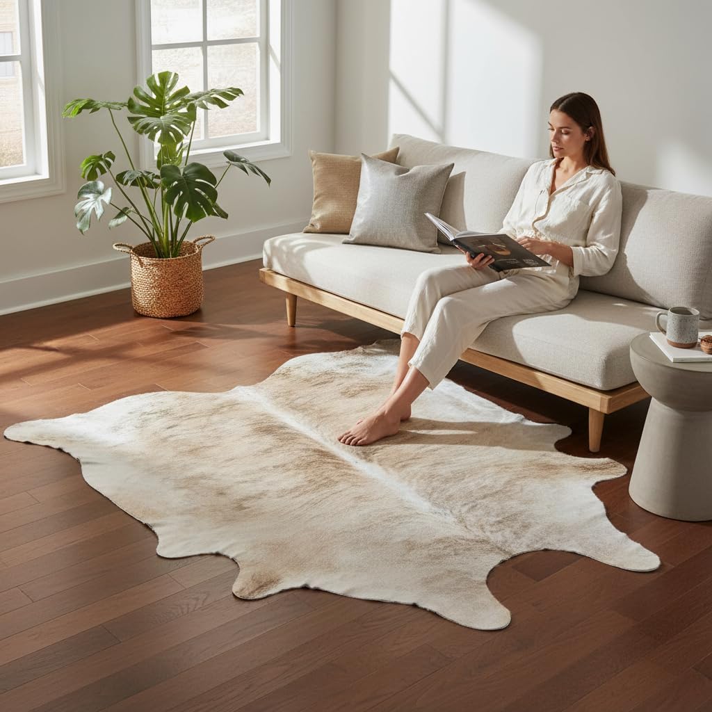 Premium 100% Genuine Cowhide Rug (5-7 Ft) Hand-Picked Light Brindle Leather Area Rug, Cozy, Unique, and Durable