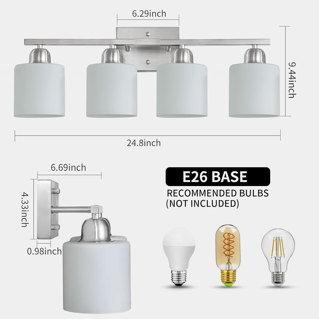 4 Light Bathroom Light Fixtures, Anti-Rust Finish Brushed Nickel Vanity Lights with Milky White Frosted Glass Shade