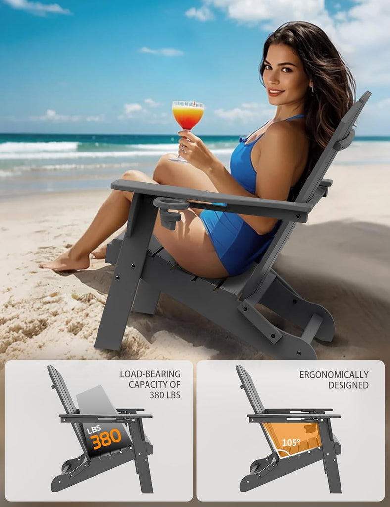 Folding Adirondack Chair Set of 2, Wooden Textured Plastic Adirondack Chairs with 2 Cup Holder, Weather Resistant