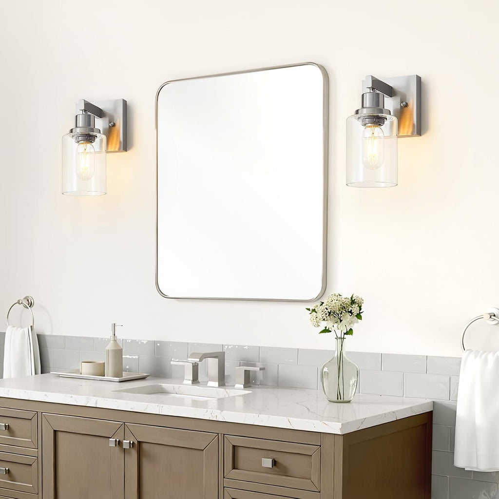 Bathroom Wall Sconces Set of 2,Brushed Nickel Wall Sconce,Vanity Light with Clear Glass Wall Mounted Light