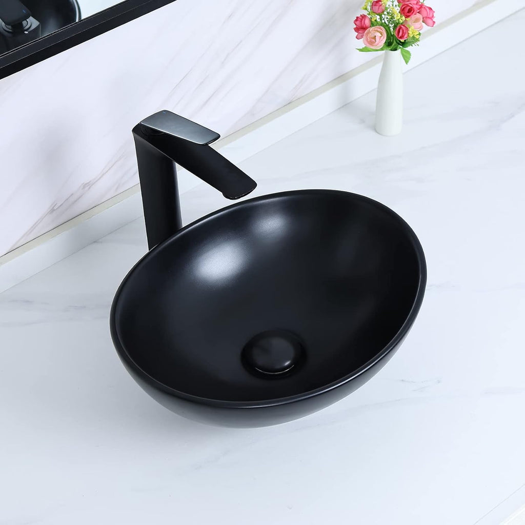 15.7" x 13" Matte Black Oval Vessel Sink with Pop Up Drain,Bathroom Sinks Above Counter,Bathroom Vessel