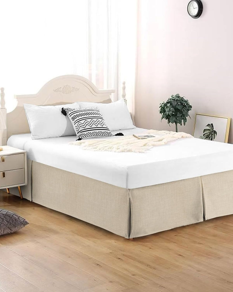 Bed Skirts King Size 16 Inch Tailored Drop Beige Linen Texture Wrap Around Bed Skirt with Split Corners Hotel Quality