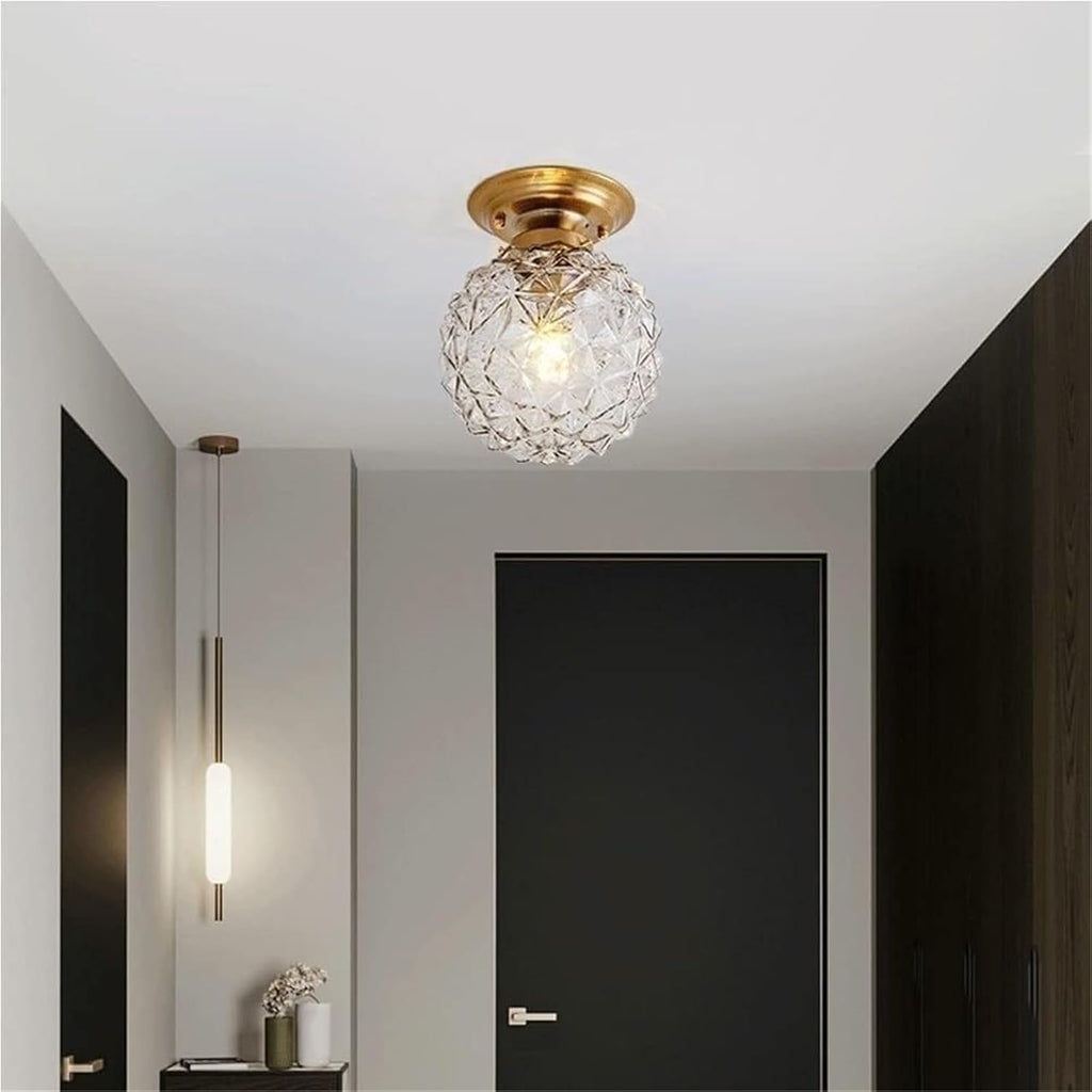 Modern Gold Flush Mount Ceiling Light with Faceted Clear Glass Globe Shade Small Decorative Accent Lighting Fixture