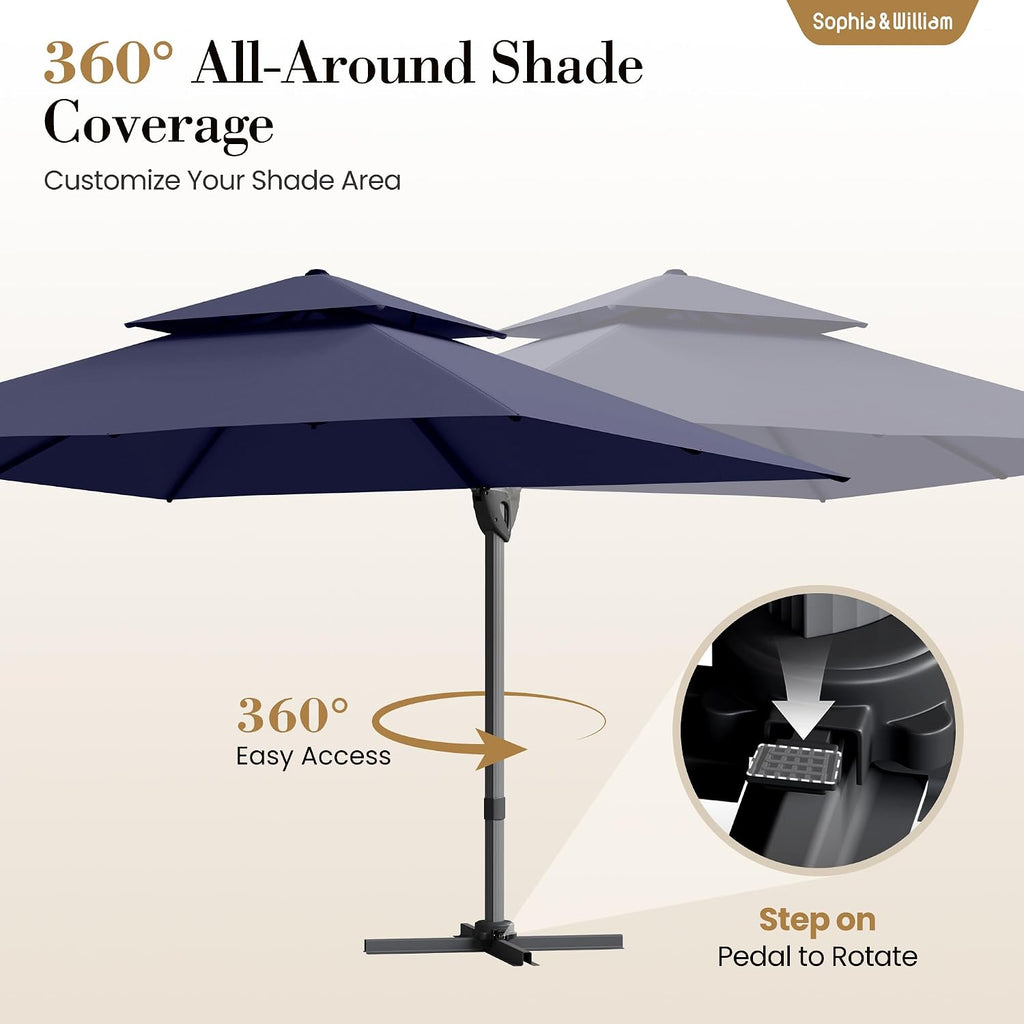 12ft Cantilever Patio Umbrella with Base, Large Rectangular Umbrellas with 360-degree Rotation