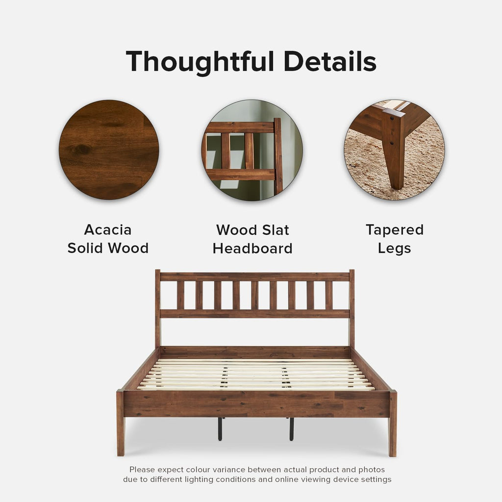 Ted Bed Frame with Headboard, Mid Century Modern Acacia Solid Wood Platform Bed Frame, Wooden Slats, No Box Spring