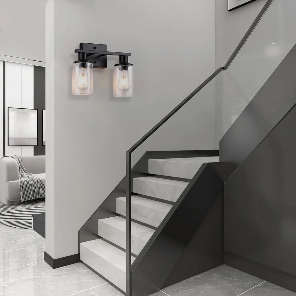 2-Light Matte Black Bathroom Vanity Light,Bathroom Light Fixtures Over Mirror with Clear Glass Shade,Modern Farmhouse