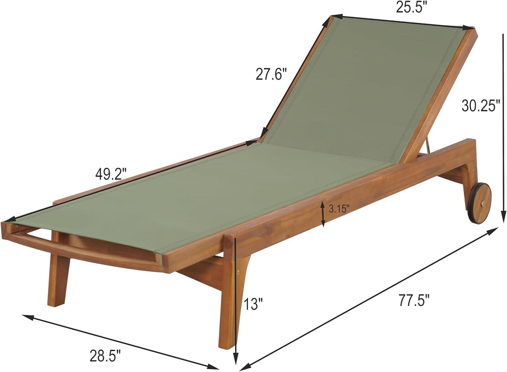 Chaise Lounge Chair Outdoor, Acacia Wood Frame Sunbathing Pool Lounger, Adjustable Backrest Single Lounge