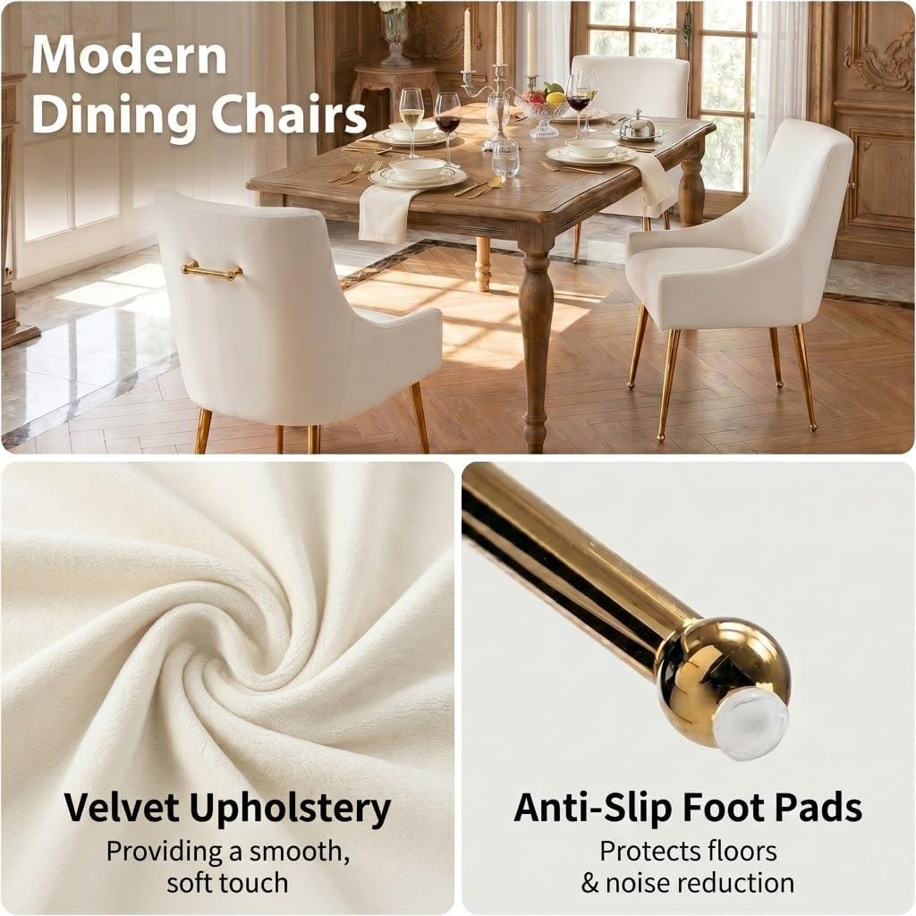 Dining Chairs Set of 4, Modern Velvet Dining Chairs with Gold Metal Legs, Upholstered High Back Kitchen Chairs with
