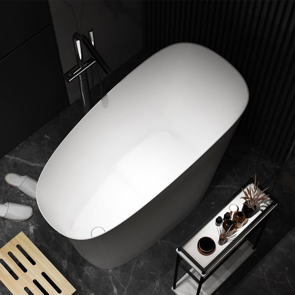 Japanese Bathtub,47" Freestanding Japanese Soaking Tub, White Stone Resin Deep Tub with Built-in Seat, Modern Oval