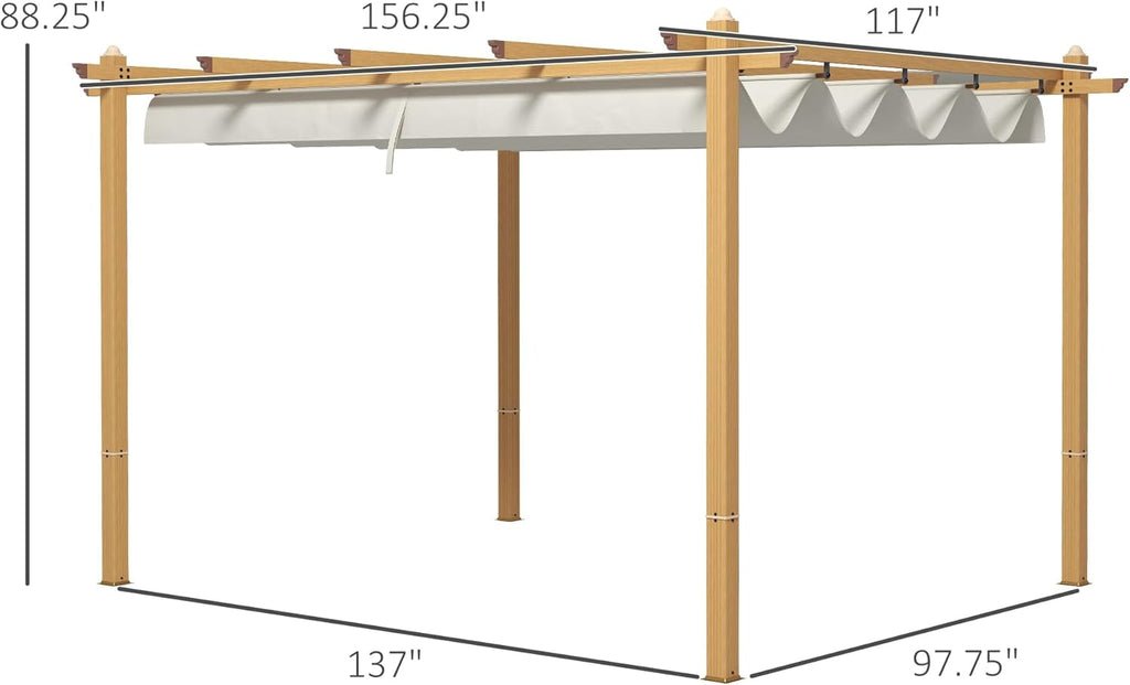 10' x 13' Retractable Pergola Canopy, Wood Grain Aluminum Pergola, Outdoor Sun Shade Shelter for Grill, Garden, Patio