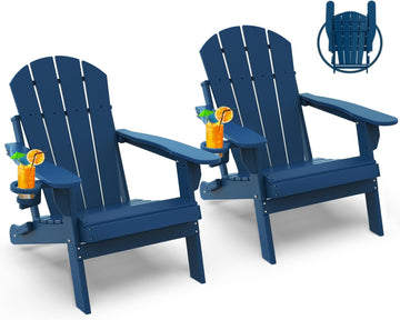 Folding-Adirondack-Chairs Set of 2, HDPE All Weather, Blue | Hidden Cup Holder | 5" Wide Armrests | Foldable Fire Pit