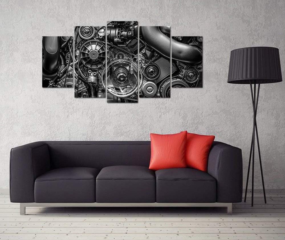 5 Piece Canvas Prints Engine Engineering Closeup Gear And Chain Black And White Photos Wall Art Modern Home Decor