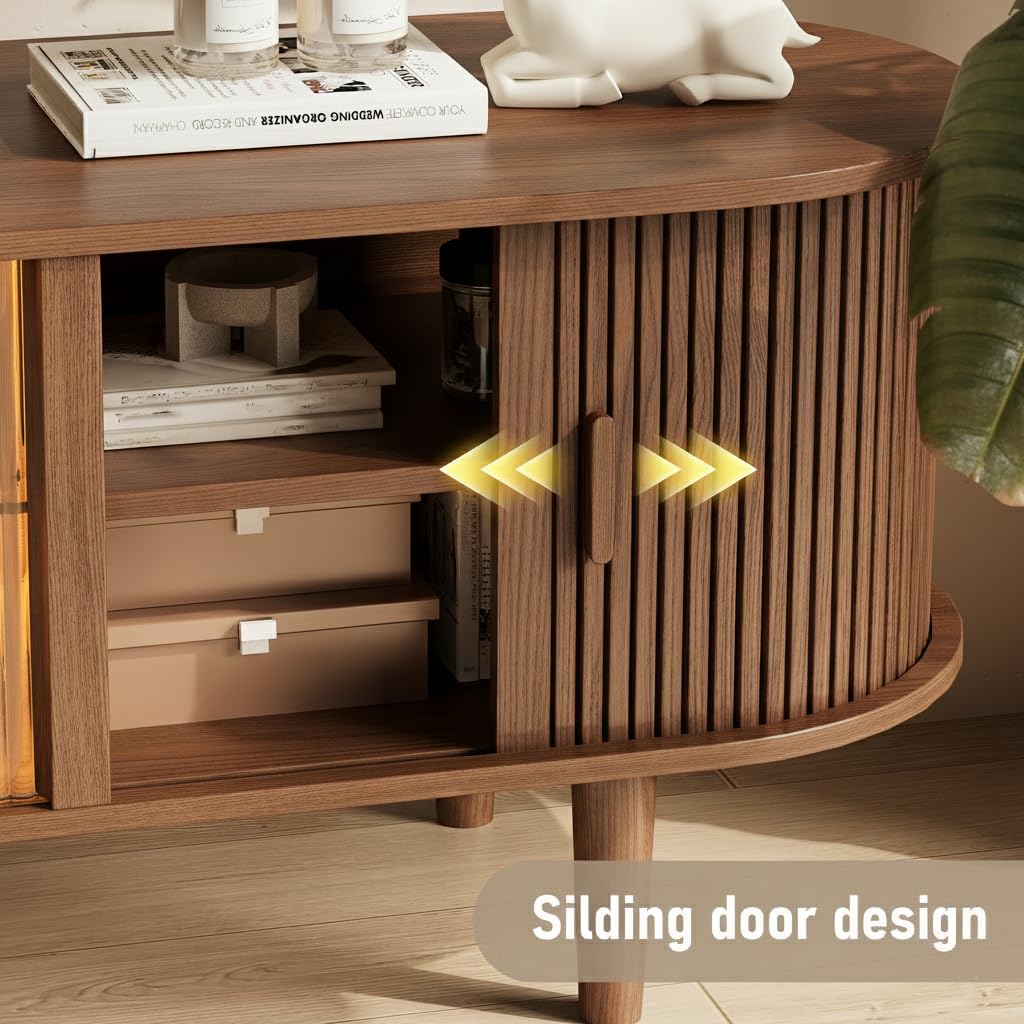 70" Fluted TV Stand with LED Lights for TVs up to 75 Inch, Mid Century Modern Entertainment Center with Sliding Doors