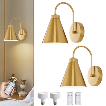Vintage Battery Operated Wall Sconces Set of 2, Gold Cordless Bedside Wall Lamps with Remote, Wireless Gooseneck