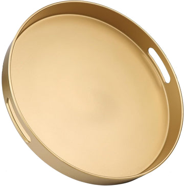 Round Gold Decorative Serving Tray with Handles, 13" Versatile Ottoman Tray for Coffee Table, Entertaining, Outdoor