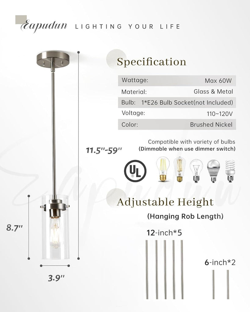 Pendant Light (2 Packs), Kitchen Ceiling Hanging Light, Adjustable Height, Kitchen Light Fixtures Brushed Nickel