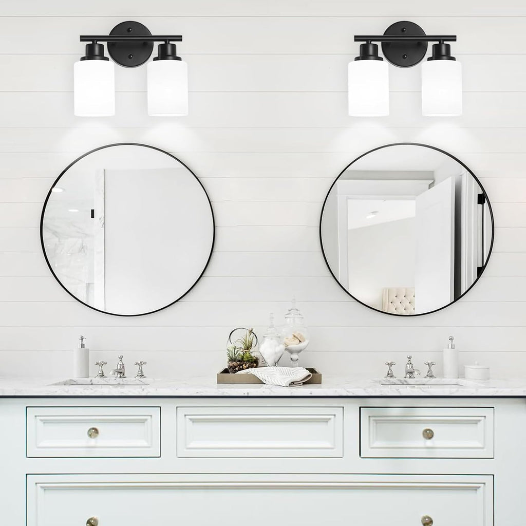 2-Light Vanity Lights, Black Bathroom Light Fixture with Striped Textured Milky White Glass Shade, Modern Vanity