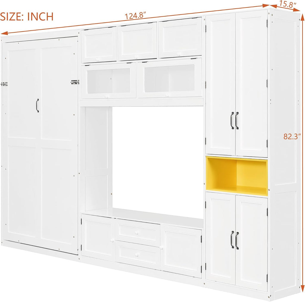 Twin Murphy Bed with TV Stand and Storage, Solid Wood Construction - White, Space-Saving Design
