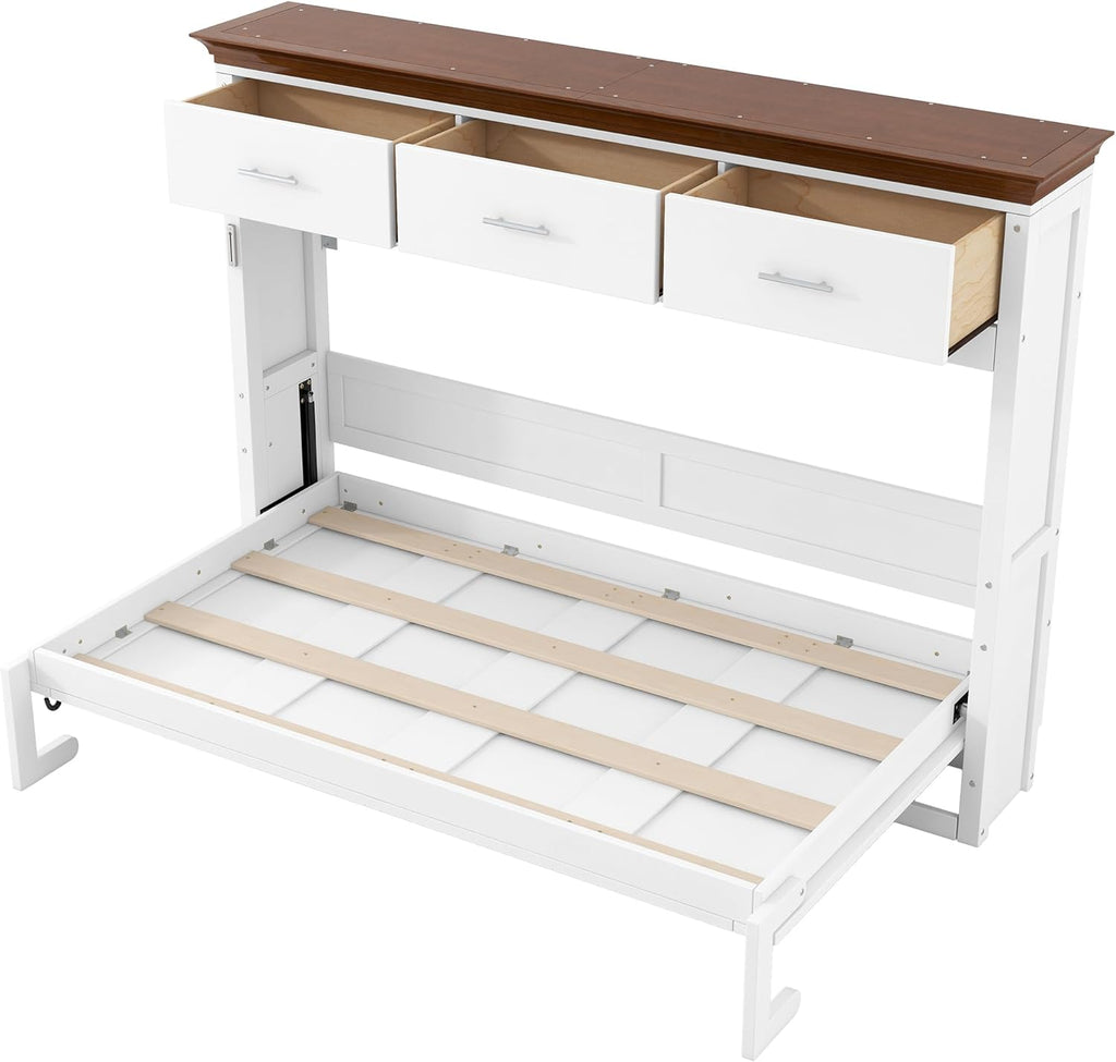 Twin Horizontal Murphy Bed with Drawers,Wood Space-Saving Folding Hideaway Murphy Wall Bed with Storage Drawers, for Adults,White