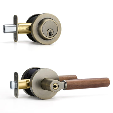 Exterior Door Walnut Wood Lock Set (1 Pack, Antique Brass)