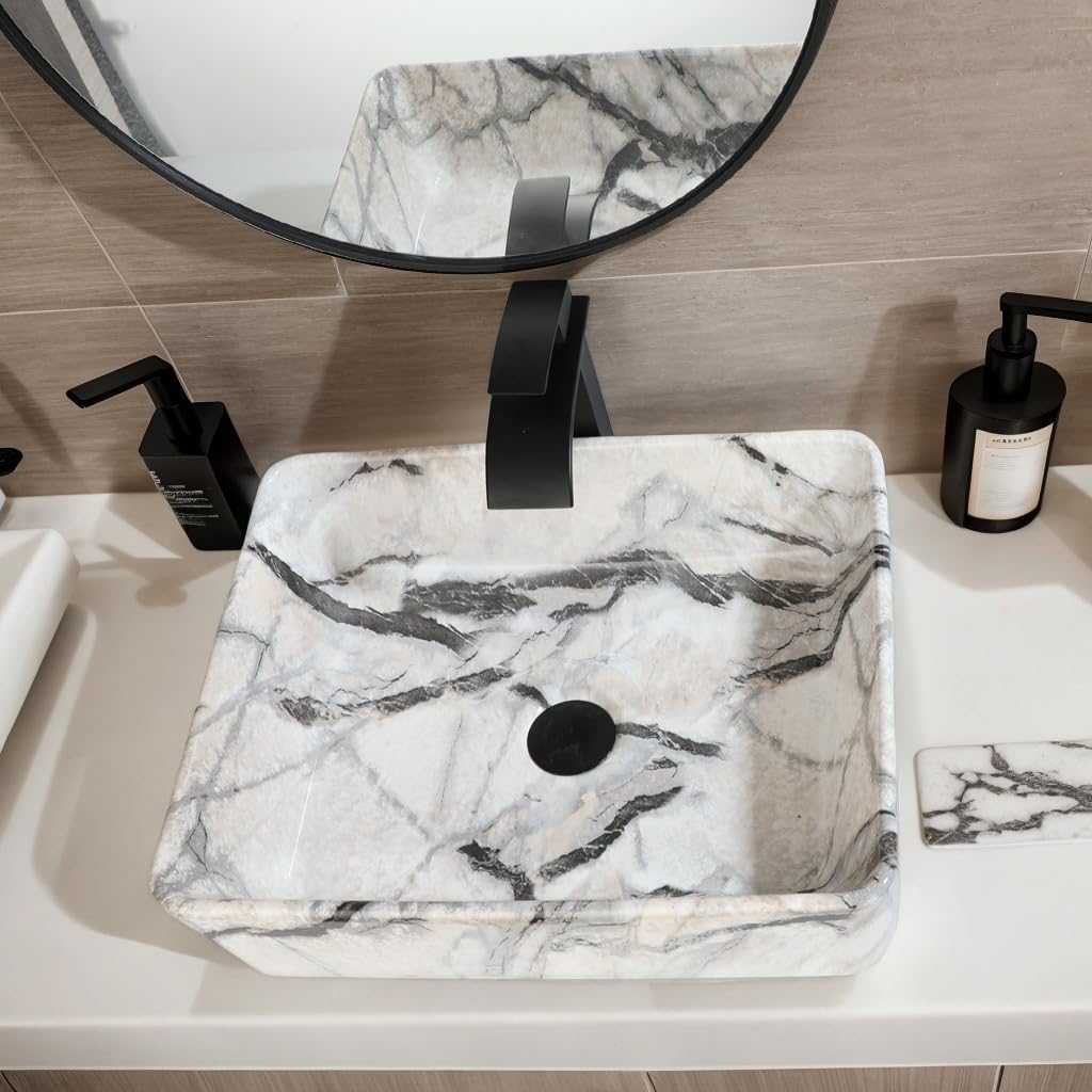 Bathroom 19"X15" Vessel Sink,Ceramic Vessel Sink with Faucet and Drain Combo Rectangular Small Sink Marble Vanity