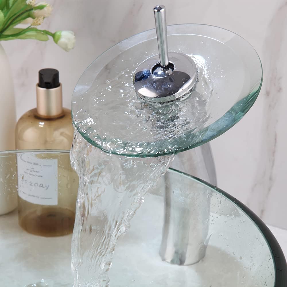 Clear Glass Vessel Sink with Chrome Faucet and Pop-Up Drain Set 17 Inch Round Bathroom Tempered Glass Basin Top Mount