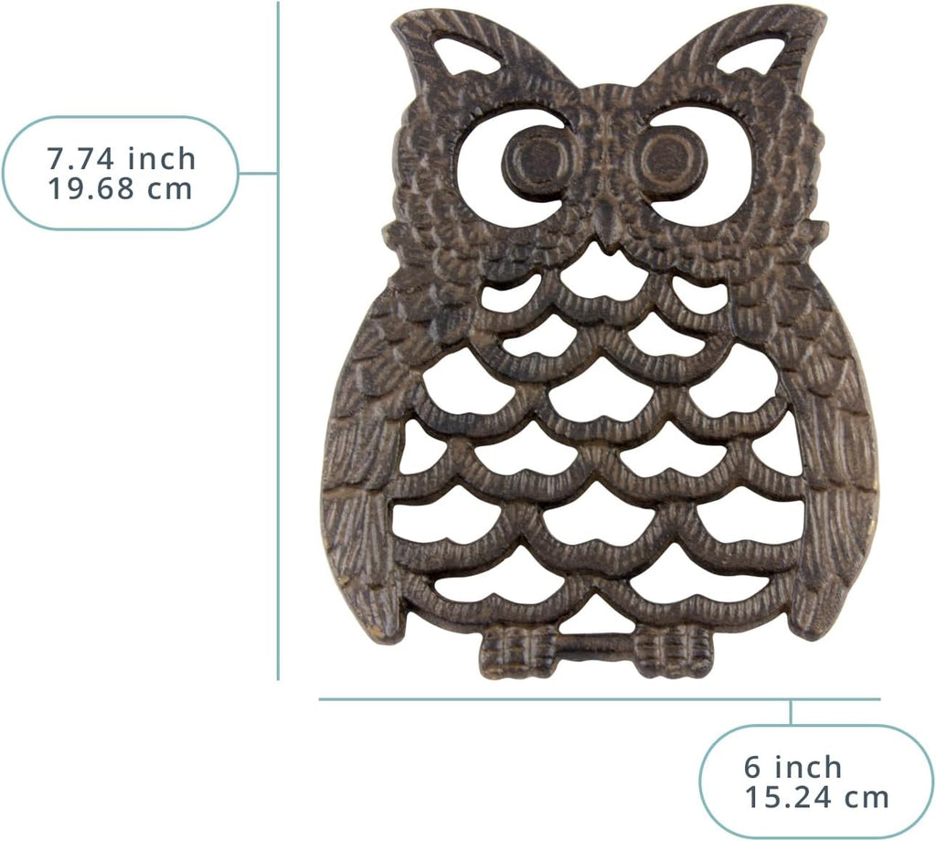 Cast Iron Owl Trivet - 7.48"×7.48" - Rubber Pegs - Rust Brown