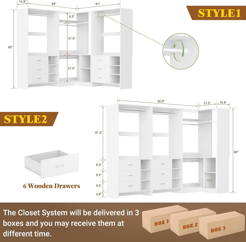 Closet System with 6 Drawers, 4 Hanging Rods & Corner Tower, Corner Closet System with Hanging, 92.6" L-Shaped