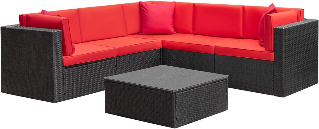 6 Pieces Patio Furniture Sets Outdoor Sectional Sofa All Weather PE Rattan Patio Conversation Set Manual Wicker Couch with Cushions and Glass Table (Red) A106-B08HKRVKL9