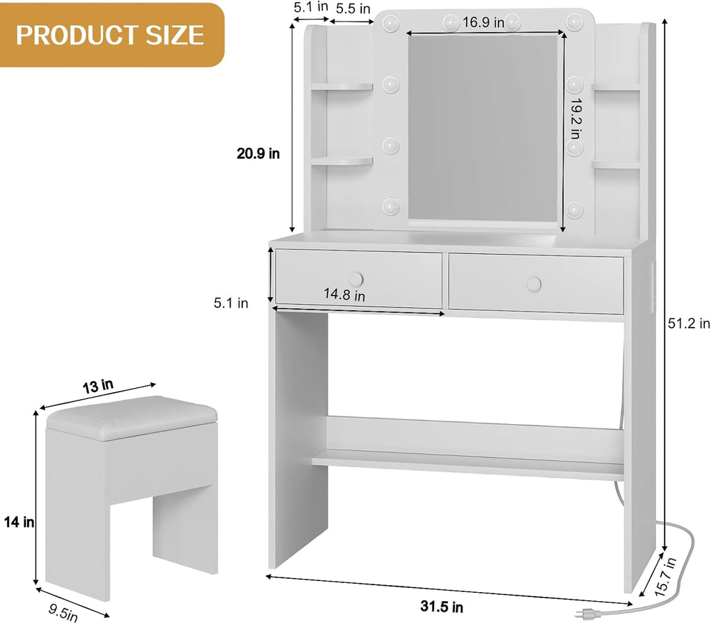 Makeup Vanity Desk with LED Mirror and Chair Set, White | 3 Lighting Modes, Built-in Charging Station, Storage