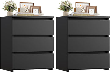Nightstands Set of 2 with 3 Drawers, Black Nightstand Bedside Table Set of 2 , 17.7W*15D*21.7H Bedroom Night Stands