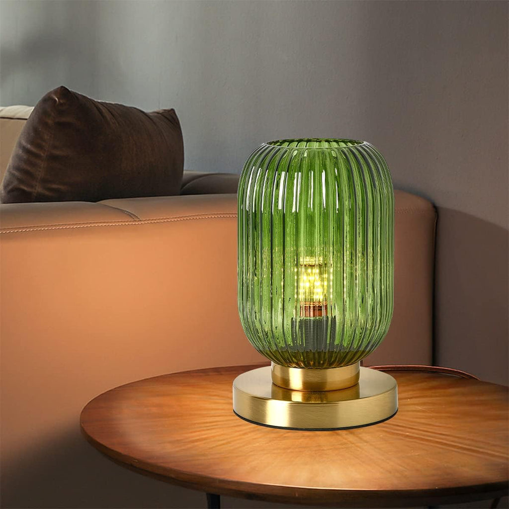 Glass Table Lamps Mid Century Modern Globe Table lamp Gold Desk lamp nightstand lamp with Green Pumpkin Design Ribbed