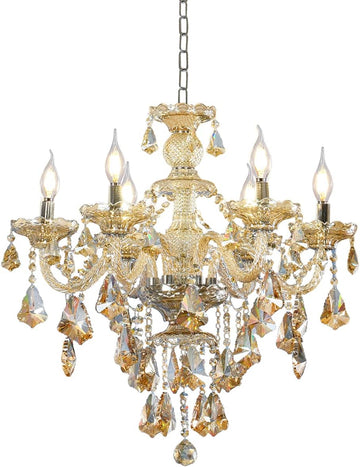 Modern K9 Crystal Chandelier Cognac 6 Lights, E12 Base Candle Crystal Pendant Lighting Fixture, Elegant Crystal Ceiling Light for Dinning Living Room Bedroom Hallway (6 Lights)