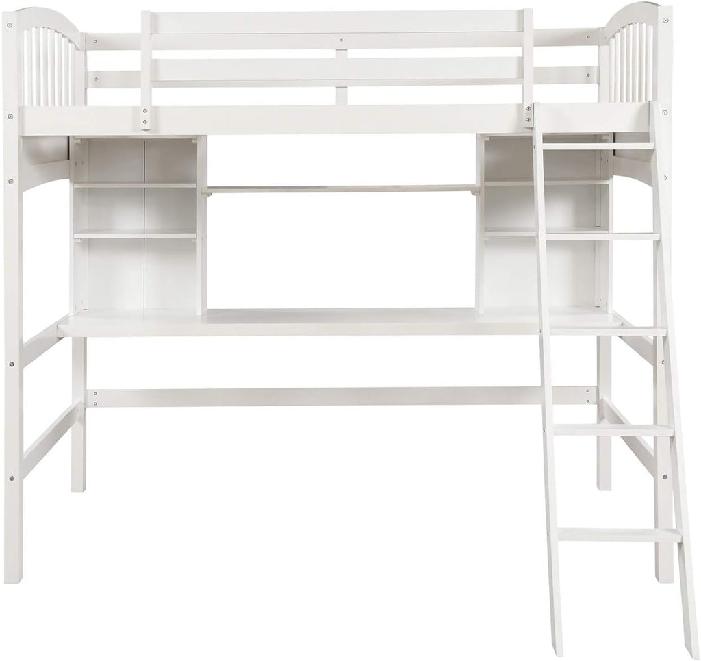 Twin Loft Bed with Desk, Solid Wood Twin Loft Bed Frame with Shelves, White