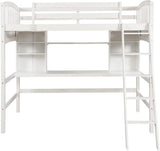 Twin Loft Bed with Desk, Solid Wood Twin Loft Bed Frame with Shelves, White