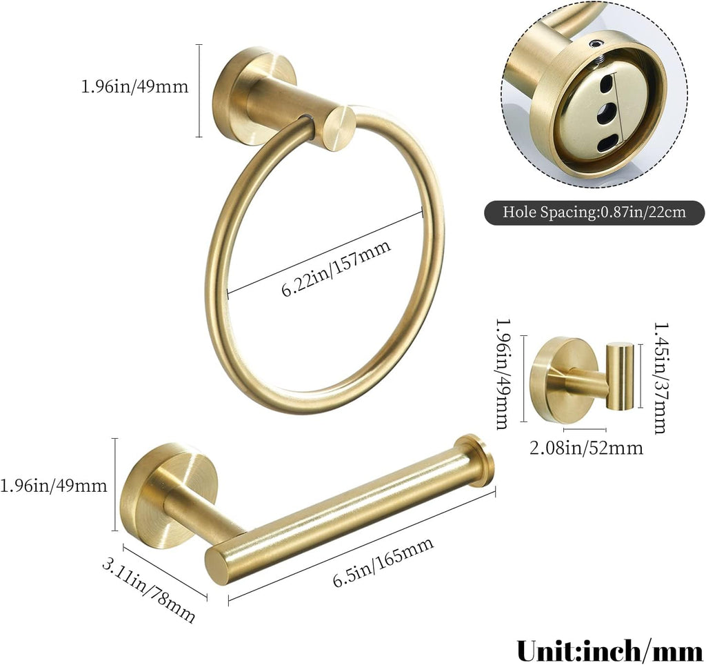 Gold Bathroom Hardware, Toilet Paper Holder Towel Ring and Robe Hook Brushed Gold Bathroom Accessories Set Wall Mount
