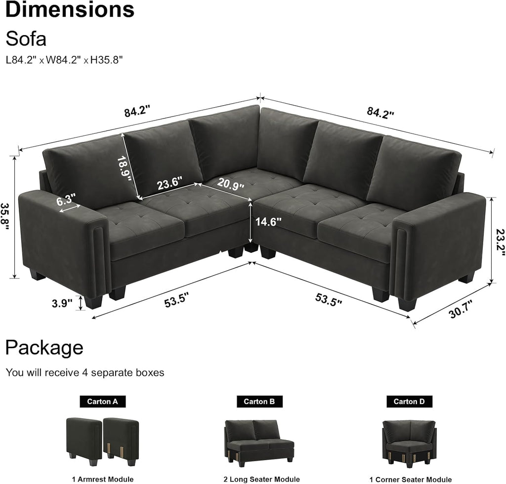 Velvet Modular Sectional Sofa Convertible Sectional Sofa Couch with Reversible Chaise L Shaped 4 Seater Corner Sofa