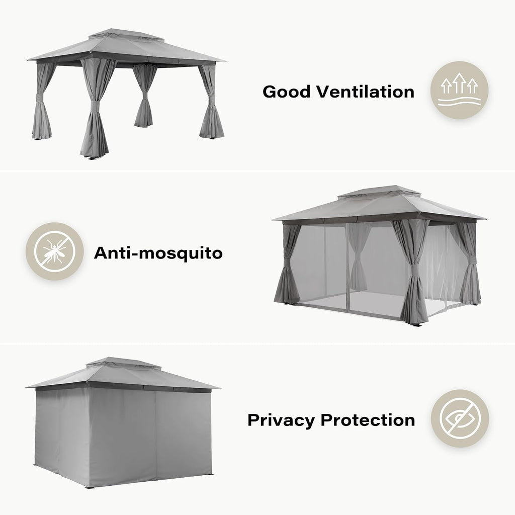 Gazebo 10x13ft, Heavy Duty Patio Gazebo with Expansion Bolts, Party Canopy Tent with Double Roofs
