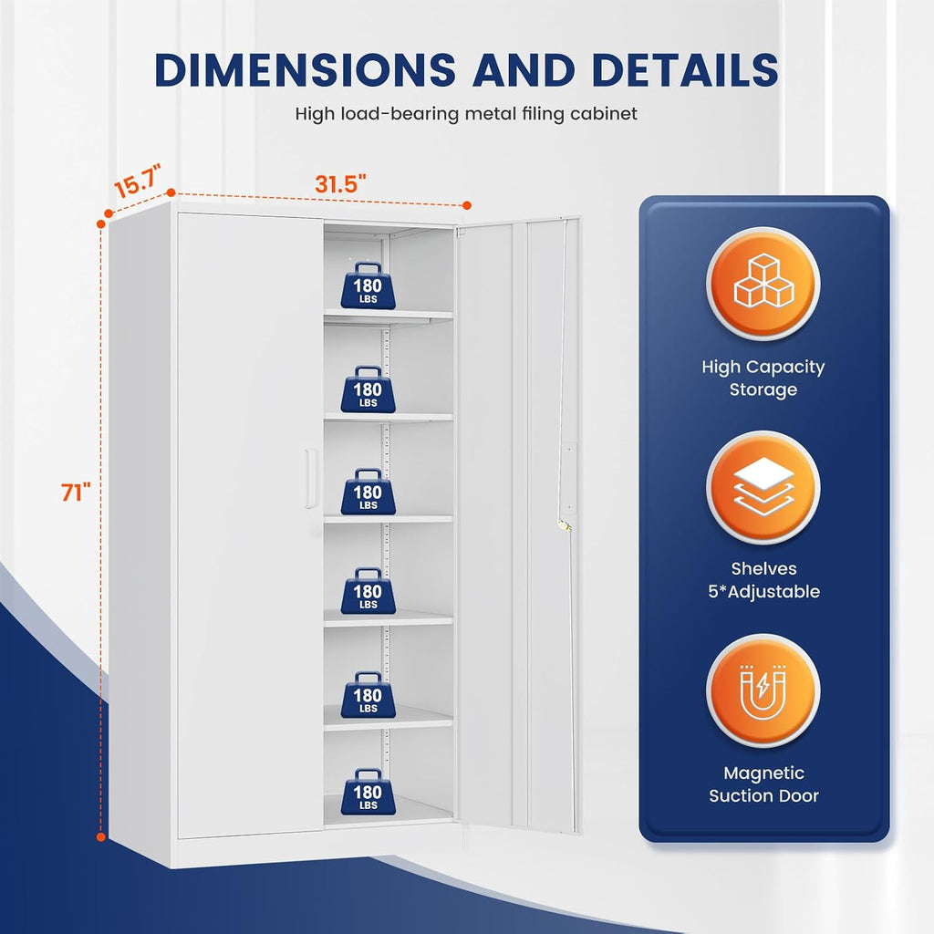 Metal Garage Storage Cabinet with 2 Doors and 5 Adjustable Shelves - 71" Steel Lockable File Cabinet,Locking Tool