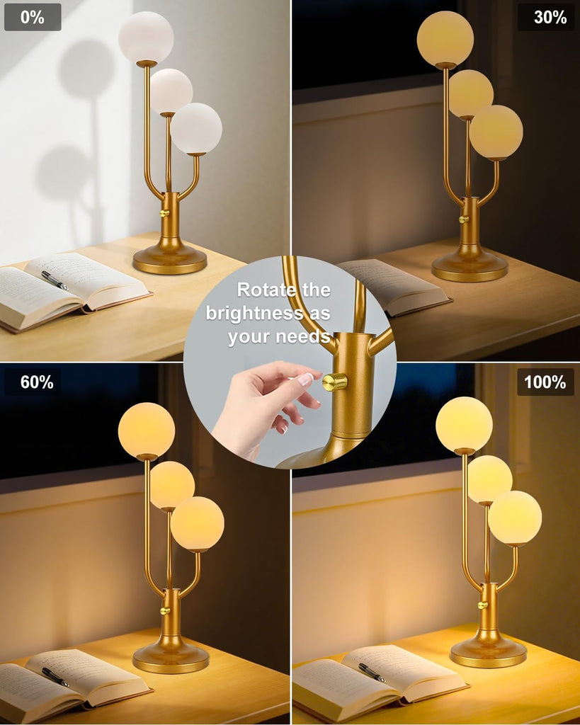 Modern Gold Globe Table Lamp Dimmable Mid Century 3-Light Desk Lamp 3000K Warmwhite Nightstand Lamp Bedside End