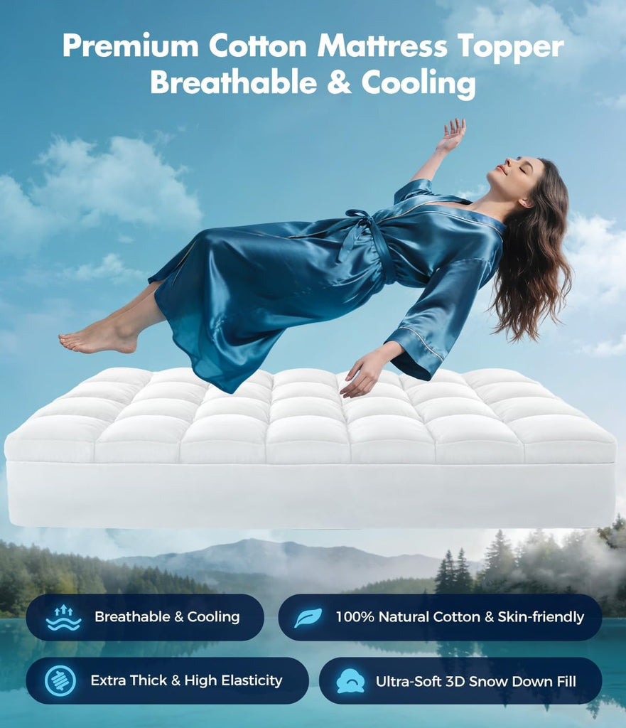 Full Cotton Mattress Topper, Extra Thick Pillow Top Mattress Pad | 100% Pure Cotton Surface, Cooling Plush Bed Cover