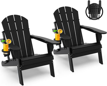 Folding-Adirondack-Chairs Set of 2, HDPE All Weather, Black | Hidden Cup Holder | 5" Wide Armrests | Foldable Fire