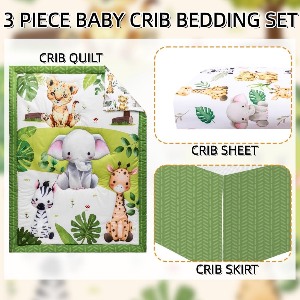 Baby Crib Bedding Set Safari Neutral Crib Nursery Comforter Bed Sets Decor with Fitted Crib Sheet, Comforter and Bed
