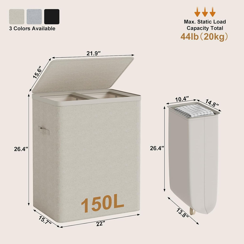 Double Laundry Hamper with Lid, 150L Large Laundry Basket 2 Compartments | Dirty Clothes Hamper 2 Section with
