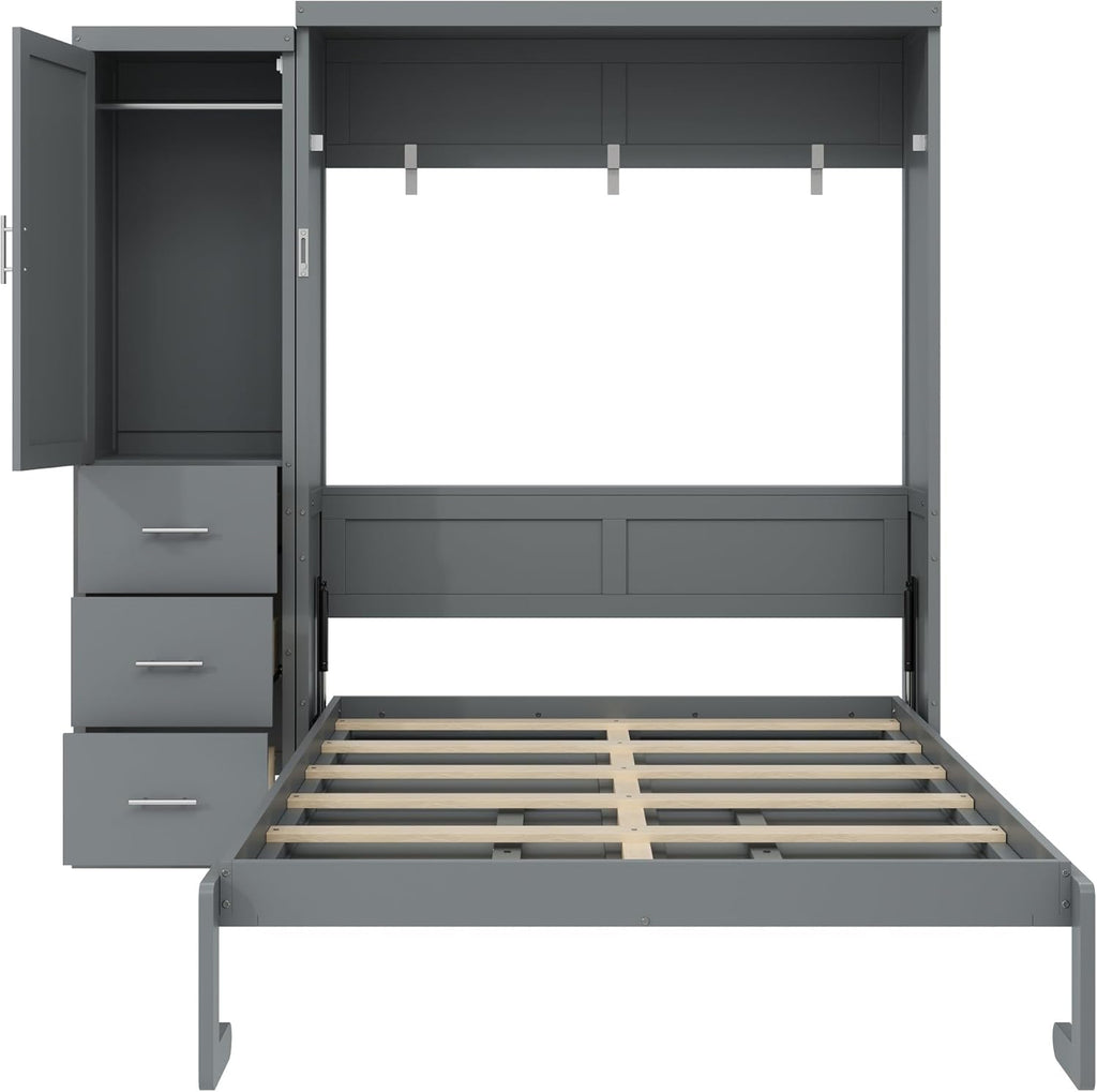 Full Murphy Bed with Storage Cabinet, Foldable Space-Saving Wood Wall Bed Frame with Wardrobe and 3 Drawers, Hidden