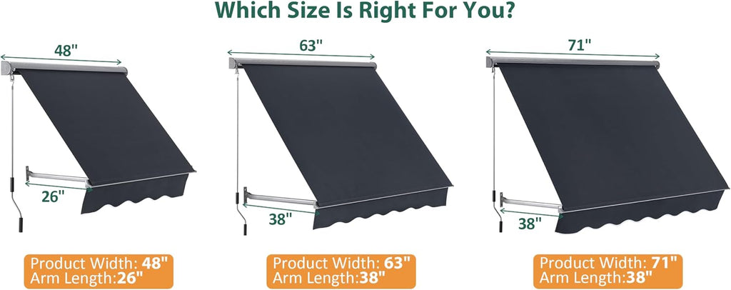 63" Patio Window Awning for Door Entrance, Aluminum Fully Assembled Manual Retractable Sunshade Canopy, WA416 (Dark